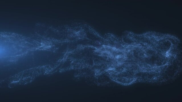 A clot of gas bubbles flying from left to right in a blue liquid. Abstract animation with slowing down in the middle. 3D render. 4K.