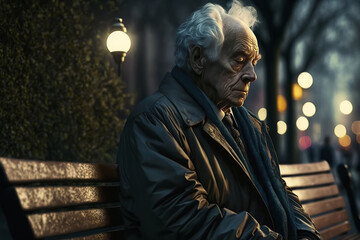 elderly lonely sad man is sitting on a park bench in evening. Generative AI