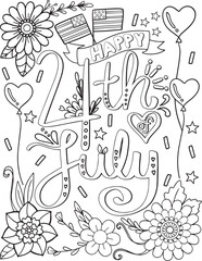 Hand drawn. Doodles art with flower element for Independence Day or Cards. Coloring for adult and kids. Vector Illustration
