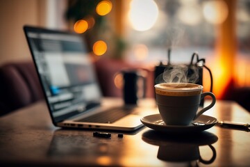 Enjoy your lifestyle with a perfect cup of coffee on a cozy background that blends in with the table, while working on your laptop or notebook at a comfortable desk in a cafe