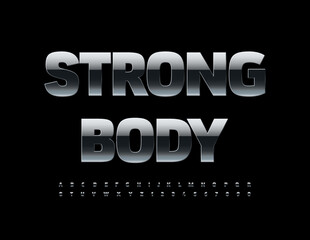 Vector steel Emblem Strong Body. Modern Metallic Font. Chrome Alphabet Letters and Numbers
