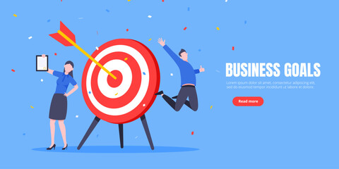 Goal achievement business concept sport target icon and arrow in the bullseye. Happy people jump in the air near giant target flat style design vector illustration.