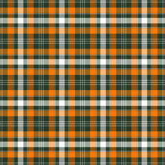 St. Patrick day tartan plaid. Scottish pattern in orange, white and green cage. Scottish cage. Traditional Scottish checkered background. Seamless fabric texture. Vector illustration