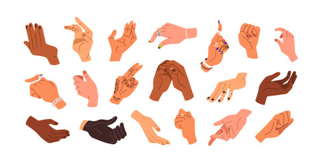 Hands grabbing, gripping, taking. Palms, finger pointing, leaning, grasping, clenching, holding set. Different arm actions, gestures collection. Flat vector illustrations isolated on white background