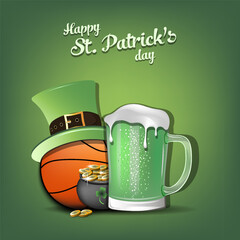 Fototapeta Basketball ball with St. Patrick hat, mug of beer and pot with gold obraz