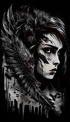 Wild Hunt Feathered Wings Grimdark Dark Fantasy of Black and White Ink Drawing Tattoo Style Painting AI Generative