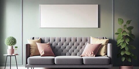Fototapeta na wymiar Modern bright living room with sofa and a painting mockup. Generative AI