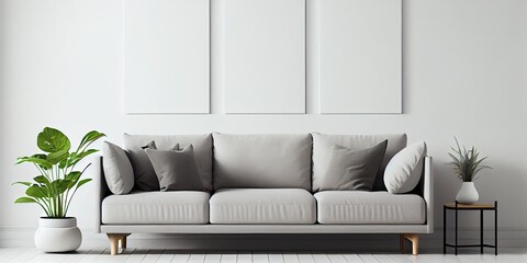 Modern bright living room with sofa and a painting mockup. Generative AI