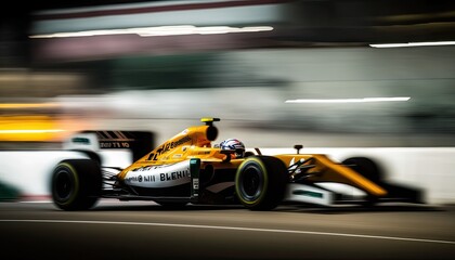Obraz na płótnie Canvas Fast moving F1 racing bolid car driving on a track. Generative AI