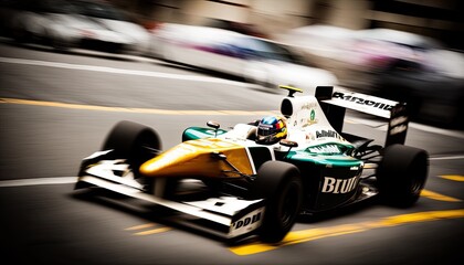 Fast moving F1 racing bolid car driving on a track. Generative AI