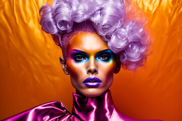 Fototapeta premium portrait of gay transvestite man in drag queen style with makeup in woman dress. Generative AI