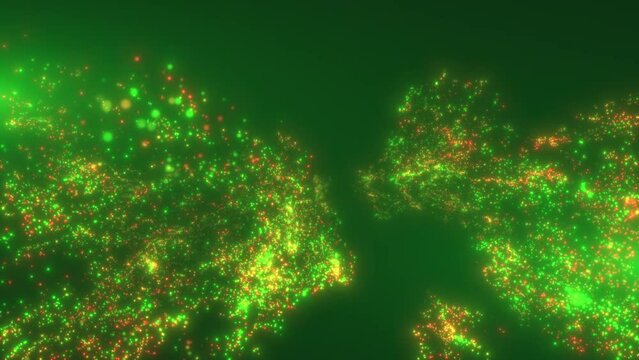 Colliding clumps of red and green glowing particles. Abstract animation with slowing down in the middle. 3D render. 4K.