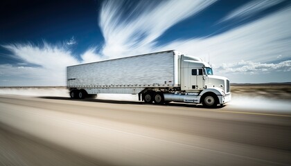 A huge loaded truck moving fast on a highway in the middle of a desert. Generative AI