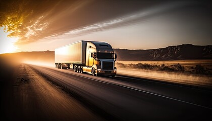 A huge loaded truck moving fast on a highway in the middle of a desert during sunset. Generative AI