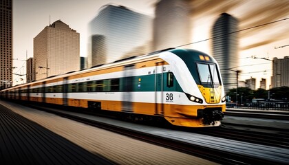Naklejka premium Fast moving subway metro train outside in a big city with skyscrapers. Motion blur. Generative AI