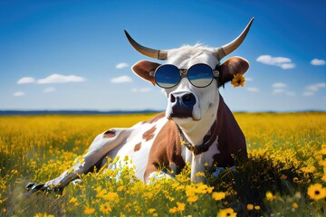 Cool cow in glasses on the meadow. Generative AI