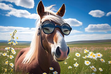 Smiling horse in glasses on the meadow. Generative AI - obrazy, fototapety, plakaty