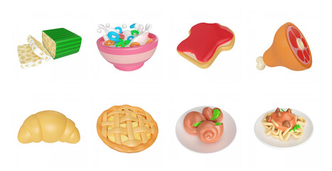 Set of realistic 3d rendering bakery food elements icon set. croissant, bread, apple pie, custard and other desserts isolated on white background.