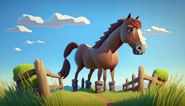 Children's book cartoon 3d horse on a farm. Generative AI