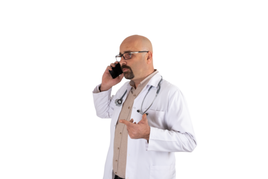 Doctor talking phone, transparent png image of doctor talking phone. Speaking with patient, consulting with professionals, explaining disease progression concept idea. Copy space.