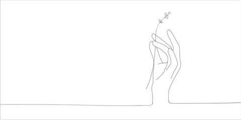 Sprig with hand modern single line art, aesthetic outline. Hand line art drawing on white background. 