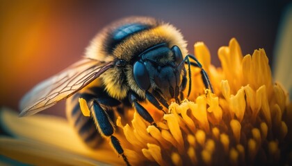 Closeup of a bee on a flower. Generative AI