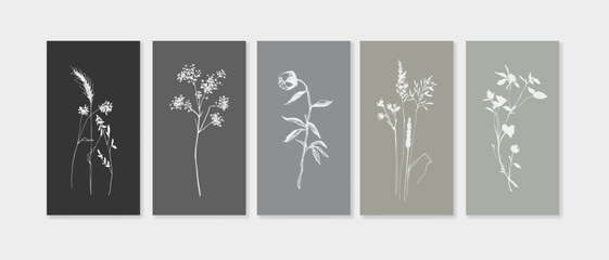 Wildflowers twigs set on monochrome background in line art style. Greenery vector illustration in minimalist style for invitation. Modern single line art, aesthetic outline.