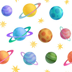 Planets seamless pattern. Space planets and stars on white background. Cute childish illustration. High resolution, 300 dpi
