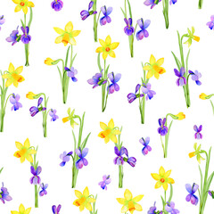 Fototapeta na wymiar Yellow daffodils and purple violets seamless watercolor pattern. Hand drawn illustration of spring flower bouquets for wallpaper and fabric.