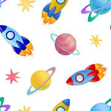 Space rockets seamless pattern. Rockets of different colores, planets and stars on white background. High resolution, 300dpi