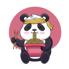 Funny panda eats noodles, ramen,udon. Cartoon Vector Icon Illustration. Flat Cartoon Style Suitable for Web Landing Page, Banner, Flyer, Sticker, Card. © Nadiia