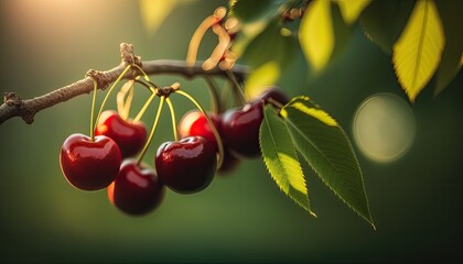 Closeup of red cherries on a branch. Generative AI