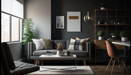 Modern living room with sofa. Empty wall. Interior design. Generative AI