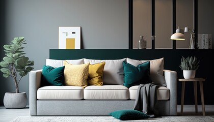 Modern living room with sofa and green and yellow pillows. Interior design. Generative AI