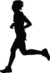 Fototapeta na wymiar woman runner running marathon race side view, black silhouette on white background, sports vector illustration