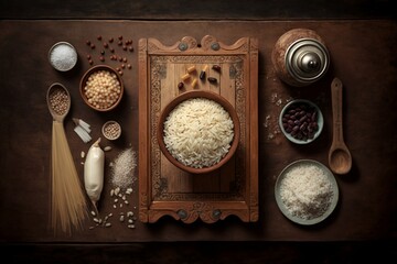 Soaked rice composition on wooden table. Top view.
