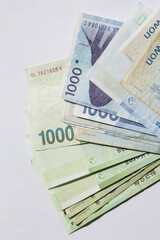 Pile of Korean banknote money.