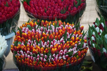 Almaty, Kazakhstan - 06.03.2023 : Different bouquets of flowers on sale before the holidays.