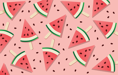 Seamless watermelon popsicles pattern on pink background. Vector perfect for a summer background with scattered watermelon popsicles slices.