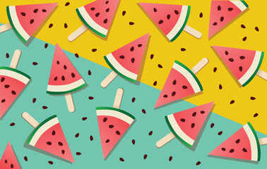 Seamless watermelon popsicles pattern on yellow and teal background. Vector perfect for a summer background with scattered watermelon slices.