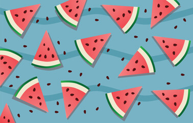 Seamless watermelon pattern on blue wavy background. Vector perfect for a summer background with scattered watermelon slices.
