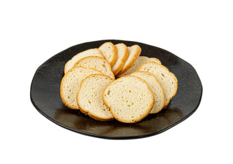 Dry Round Crackers Isolated, Sliced French Baguette Bread, Crunchy Croutons, Bruschetta Crackers,...