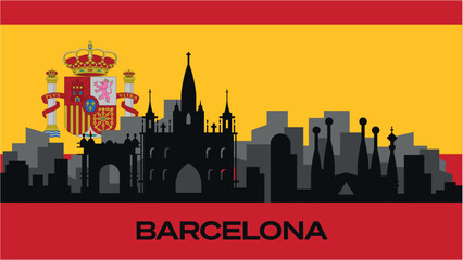 Silhouette of important buildings in the city on the flag of Spain. The vector silhouette of Barcelona's famous buildings.