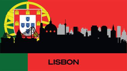Silhouette of important buildings in the city on the flag of Portugal. The vector silhouette of Lisbon's famous buildings.