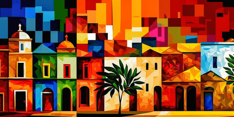 Abstract painting concept. Colorful art of a Caribbean urban landscape. Cuban culture. Generative AI. - obrazy, fototapety, plakaty
