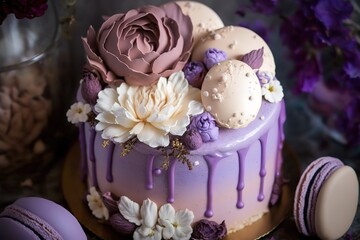 Beautiful purple cake decoraited of fresh flowers, macaroons and meringue. Love concept, Wedding cake, birthday cake, background, AI generated