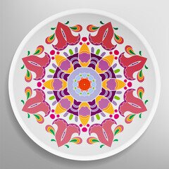 Decorative plate with round ornament in ethnic style. Mandala circular abstract geometric floral pattern. Fashion background with ornate dish. Interior home decor, vector illustration