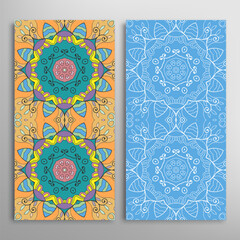 Vertical seamless patterns set, floral geometric lace texture for Wedding, Valentine's day, greeting card or Birthday Invitation. Decorative seamless doodle backgrounds. Ethnic ornament border pattern