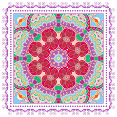 Decorative doodle ornament, symmetric pattern with lace frame. Tribal ethnic mandala decor. Bandana shawl, hijab, tablecloth fabric print, silk neck scarf, kerchief design. Colorful vector background