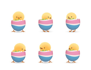 Chicks in lower part of broken Easter eggs with stripes set